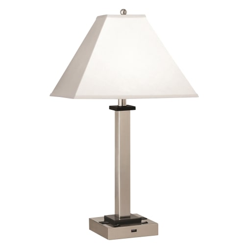 Double Light, Double Nightstand Lamp, 28", 2 Outlets, 1 USB, Brushed Steel w/ Black, White Shade